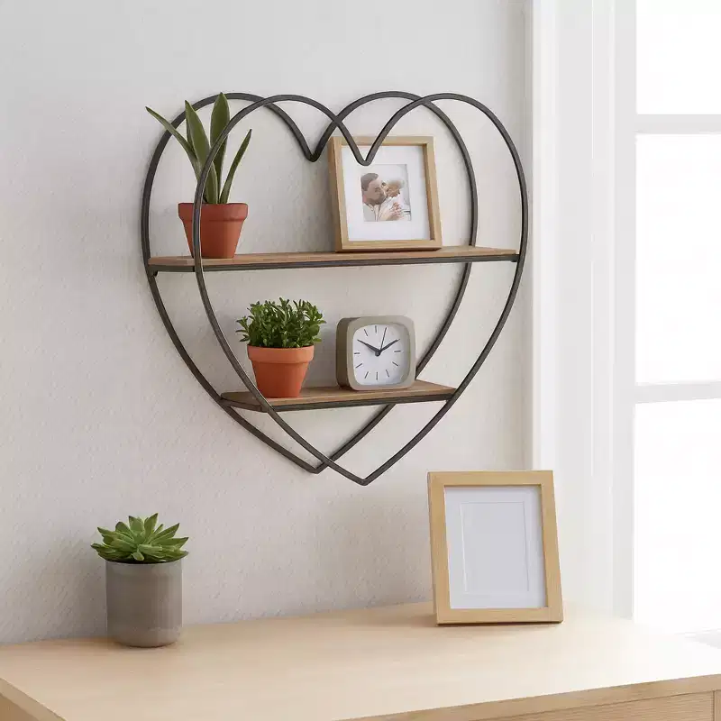 Decorative Two Tier Heart Wall Shelf for Room and Home Decor - Wood and Metal Wall Decor for Bedroom, Living Room, and Bathroom - 20, Black