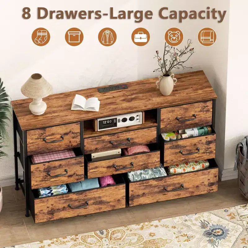Wide Rustic Brown 8 Drawer Dresser with Power Outlets Fabric Storage Chest of Drawers Open Shelf Organizer Unit Bedroom Living Room