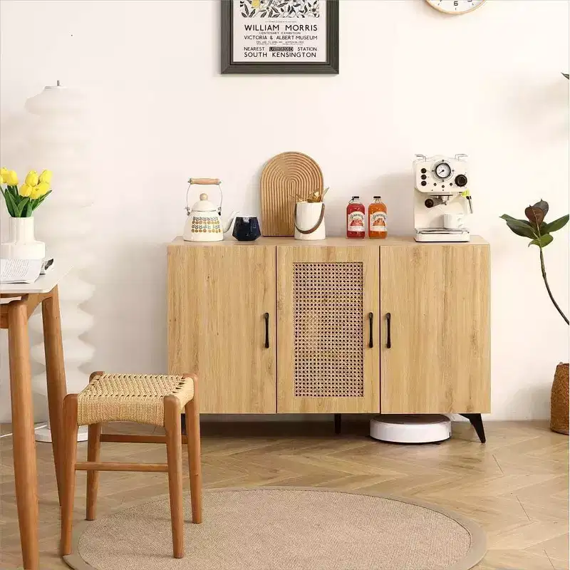 Sideboard Buffet Cabinet - Rattan Mesh Engineering Wood Frame Console Table for Living Room