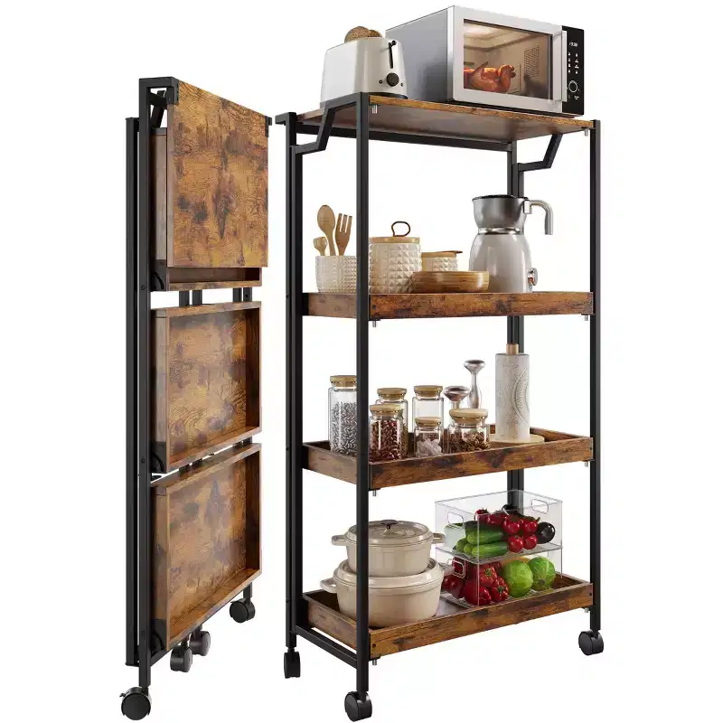 Foldable Rolling Cart with Locking Wheel, 4 Tier Wooden Storage Shelf Cart, Expandable Kitchen Organizer Rack, 100 Lbs Loading Garage Shelving