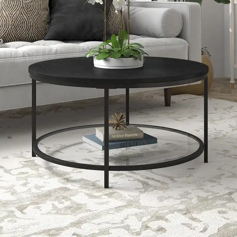 Sevilla 32 Wide Round Coffee Table with MDF Top and Glass Shelf - 32 Wide