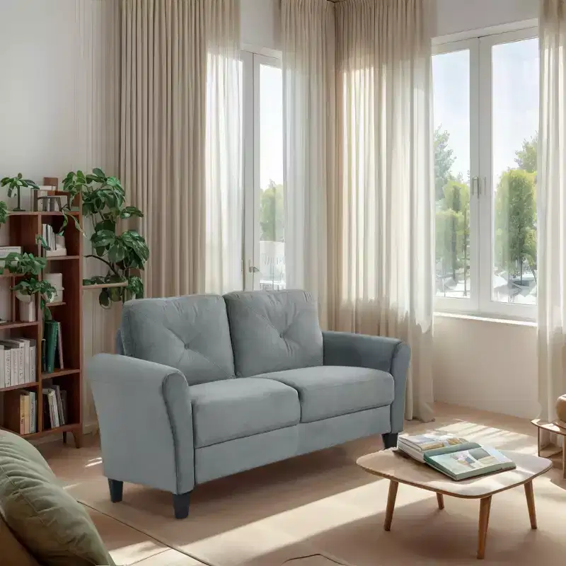 2-Seater Gray Velvet Sofa with Thick Cushions & Wood Frame for Small Spaces