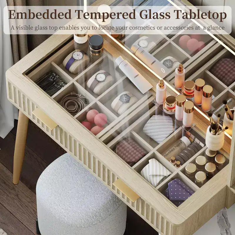 Makeup Vanity Desk with Lighted Mirror, Wooden Dressing Table with Drawers, Modern Vanity with LED Mirror for Bedroom Makeup & Storage