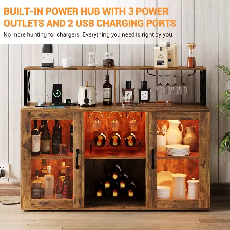 DobleePy Kitchen Bar Cabinet, Sideboard Freestanding Liquor Cabinet Bar, with Storage Cabinet, Wine Rack and Glass Holder