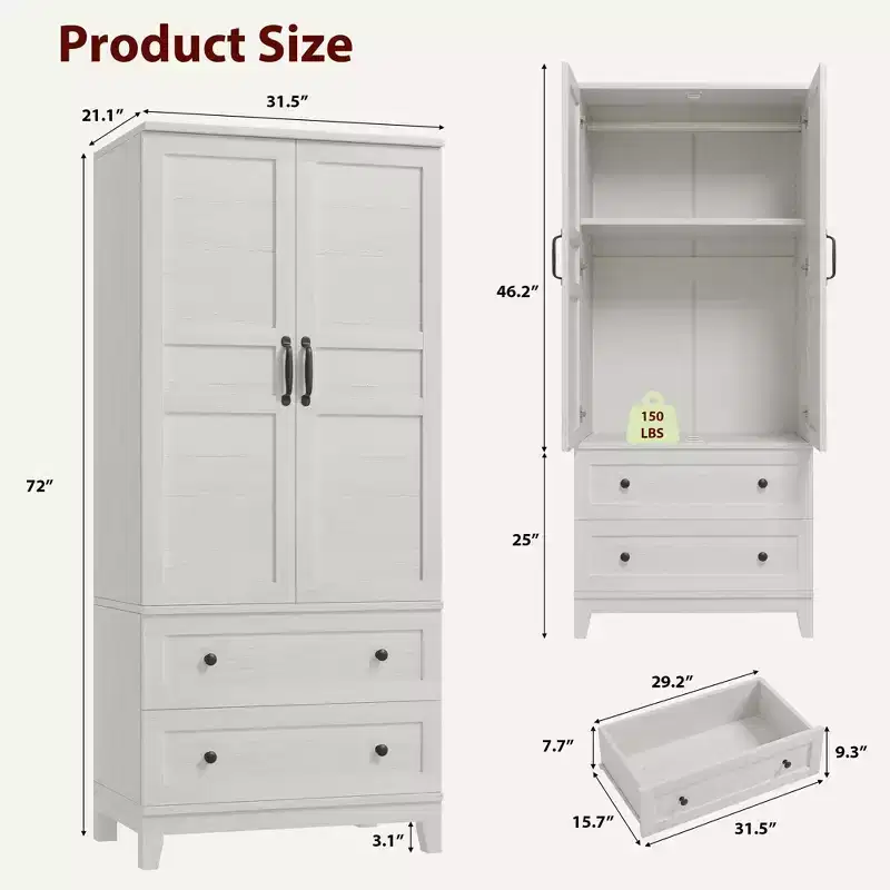 Armoire Wardrobe Closet with 2 Drawers & Hanging Rod – 72
