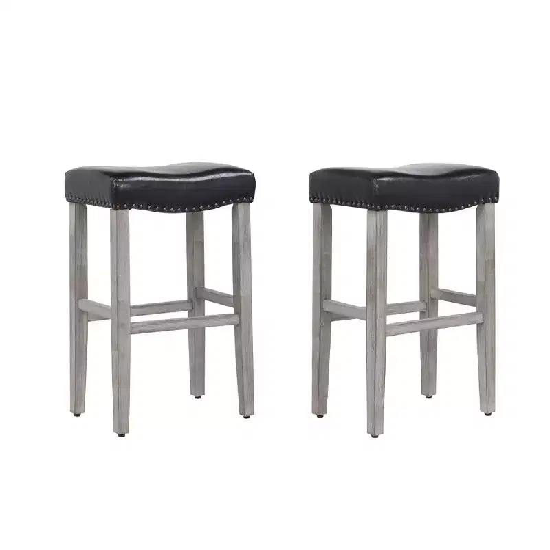 WestinTrends 29 Upholstered Saddle Seat Bar Stool (Set of 2), Antique Gray/Black
