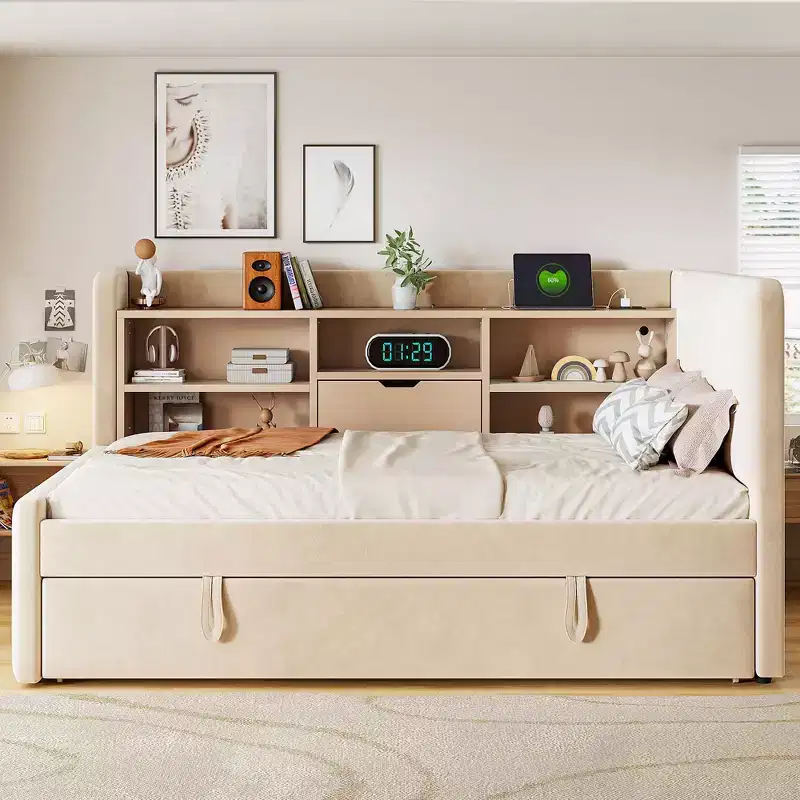 Merax Modern Twin Size Upholstered Daybed with Trundle, Storage Space, USB Ports & Power Outlet