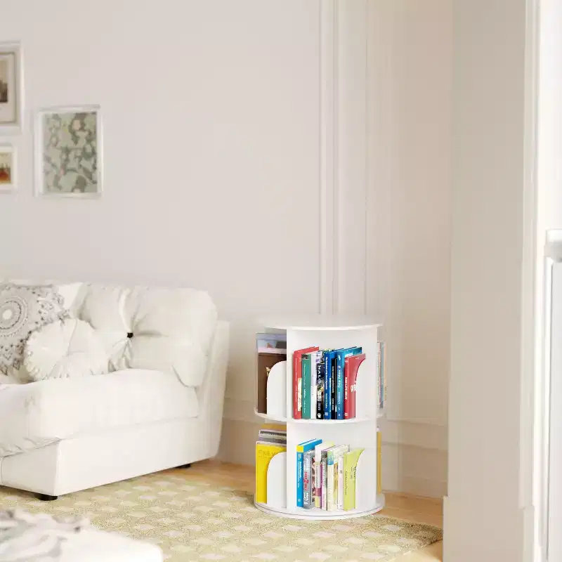 360° Rotating Bookshelf Tower, 2-Tier Vertical Spinning Organizer, White
