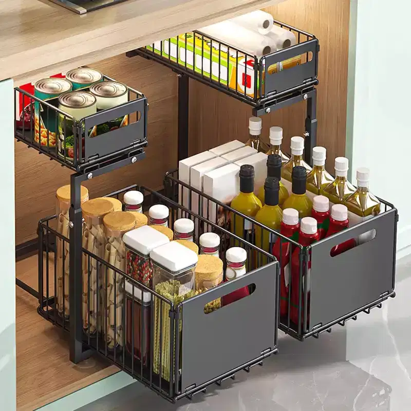 2-Tier Adjustable Under Sink Organizer with Pull-Out Drawers, Height-Adjustable Slide-Out Cabinet