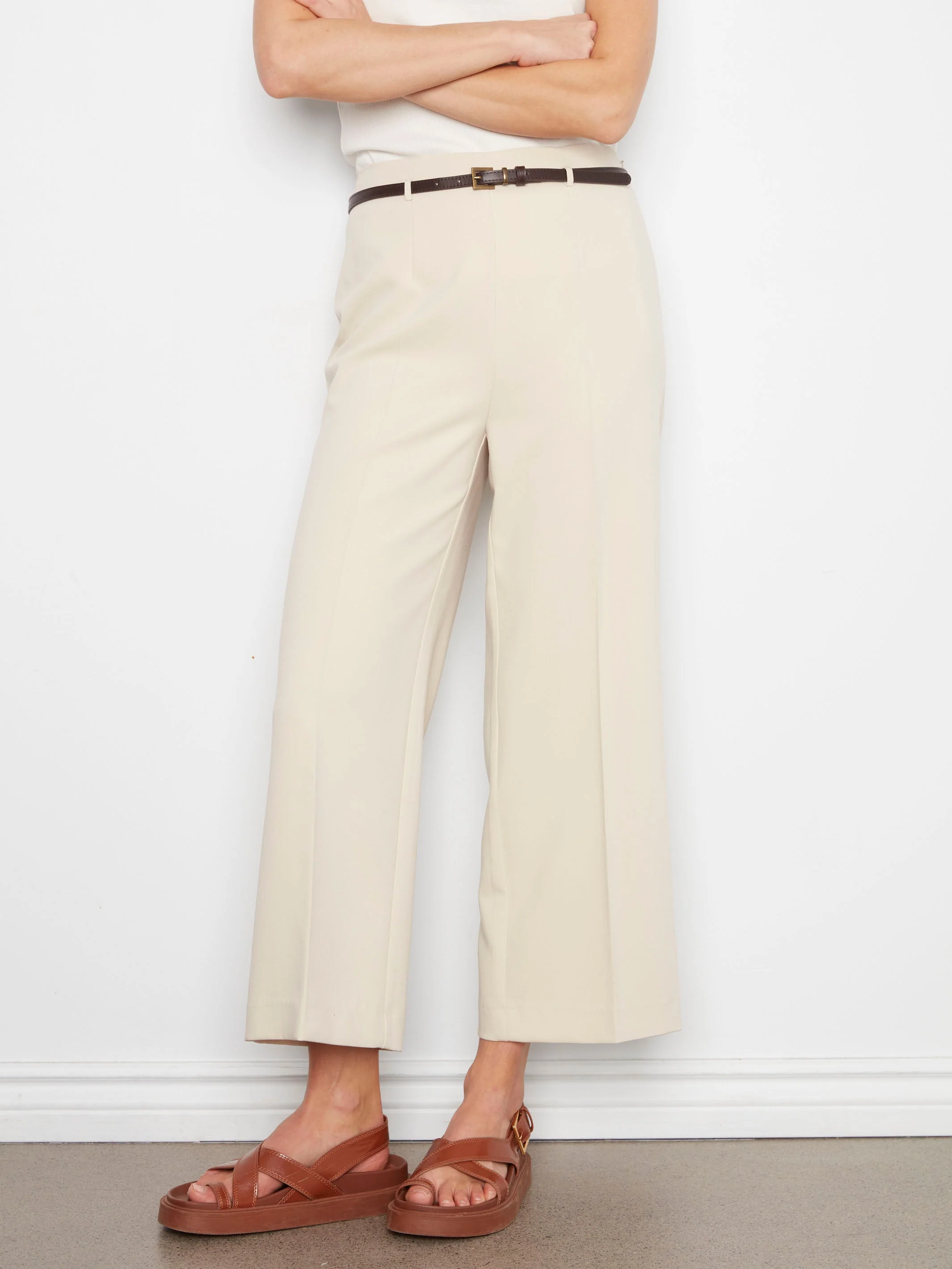 Cropped Dressy Belted Pants - Beige
