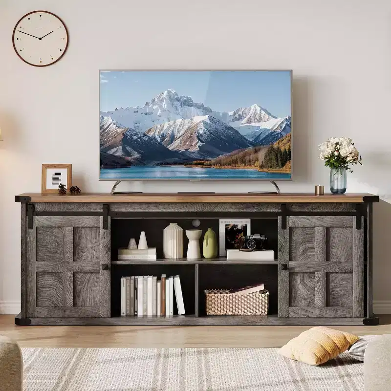 GustoWave 70 Farmhouse TV Stand for 70-80 TVs, Rustic Entertainment Center with Sliding Barn Doors, Storage Cabinets