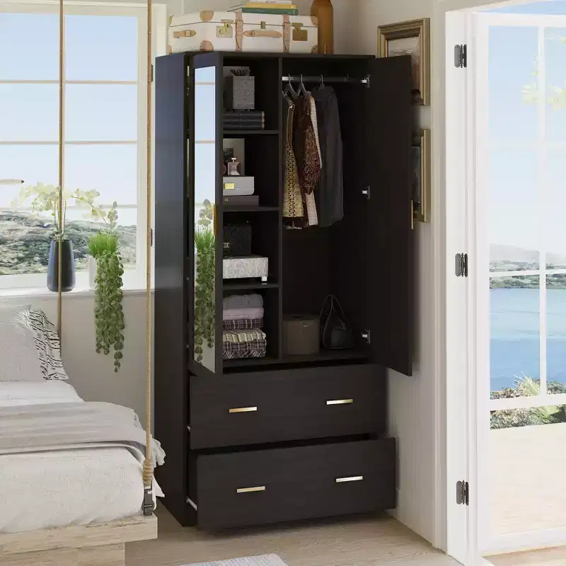 Wardrobe Clothes Organiser Multi Storage with Mirror and Hanging Rods