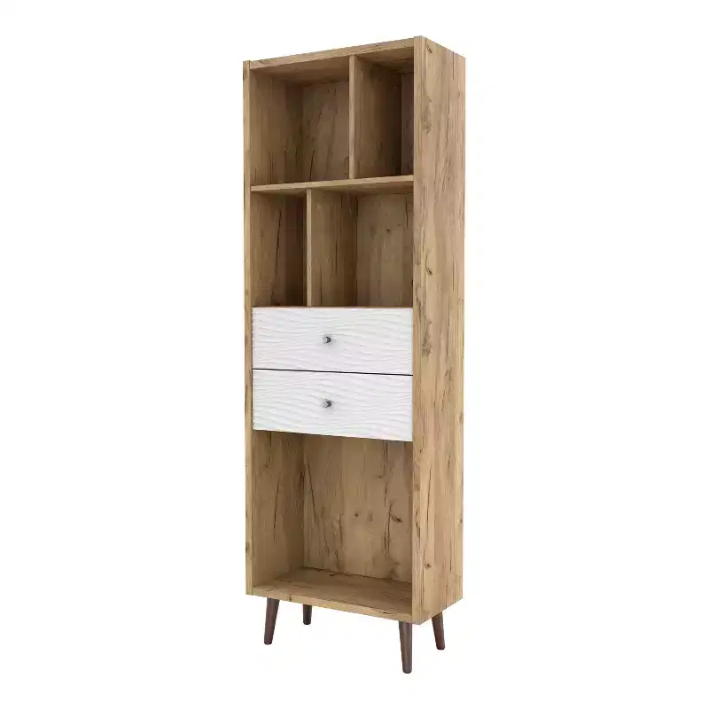 24/7 Shop At Home 70.35" Kimmo Mid-Century Modern Open Shelf 2 Drawer Bookcase Light Oak: Vertical Storage, MDF Wood Composite
