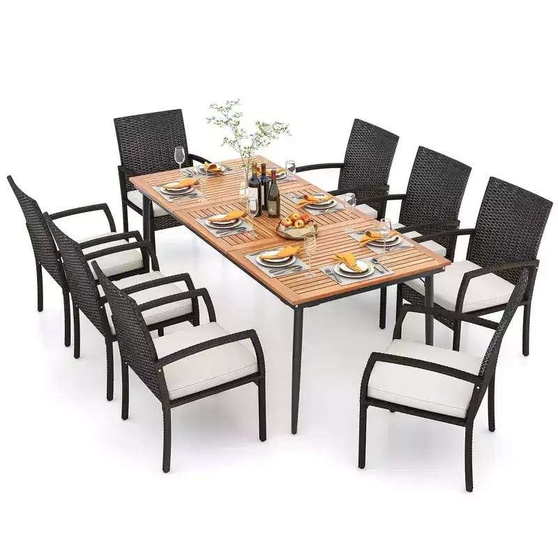 Costway 9 PCS Patio Dining Set Outdoor Acacia Wood Dining Table with 1.9 Umbrella Hole
