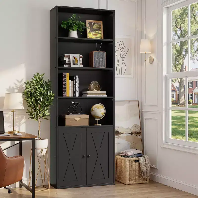 Celebalcony Bookshelf, 70.9 Farmhouse Bookcase with 6-Tier & 2-Door Cabinet, Display Storage Rack