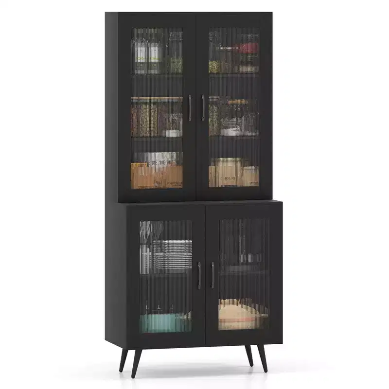 Kitchen Pantry Cabinet with Translucent Fluted Doors & Adjustable Shelf