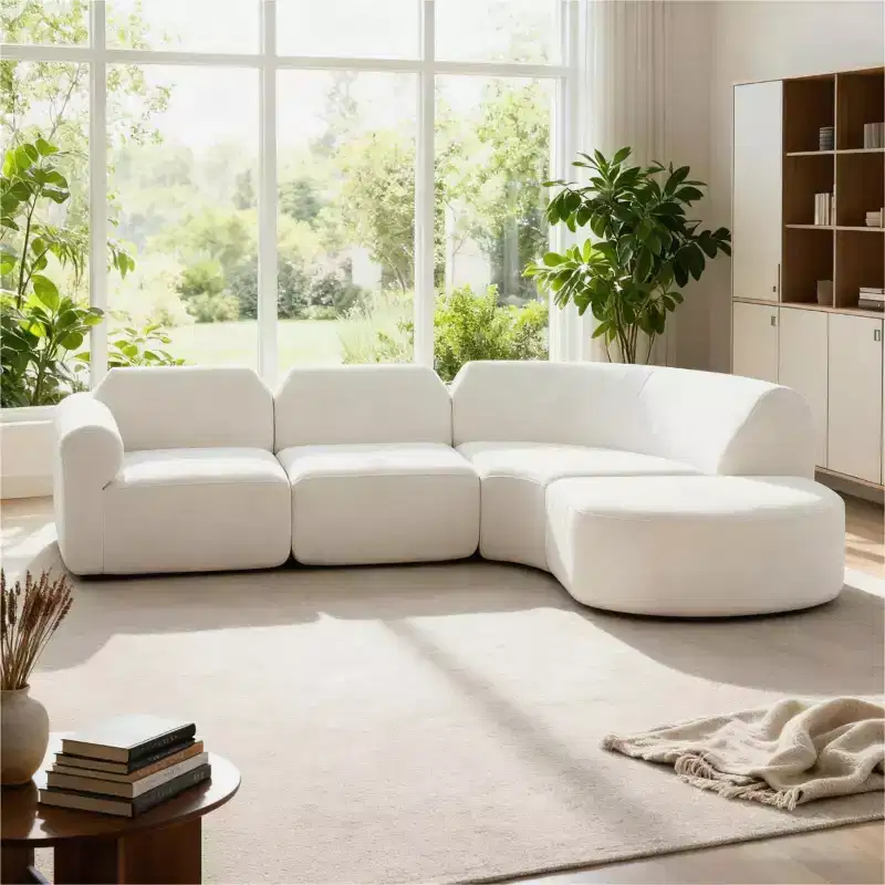 111 Modern L-Shaped Curved Sectional Sofa with Ottoman, Deep Seat Upholstered Couch, 3 Seat Sofa for Living Room & Lounge