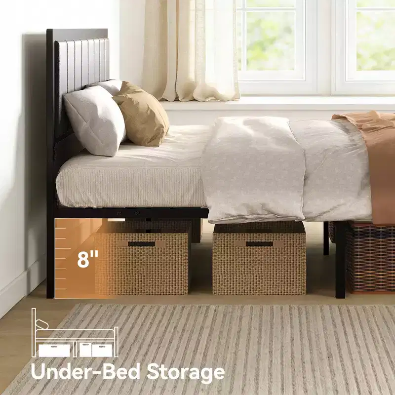 Dyonery Bed Frame with Upholstered Headboard,Metal Bed Frame with Footboard,Noise-Free,No Box Spring Needed,Easy Assembly