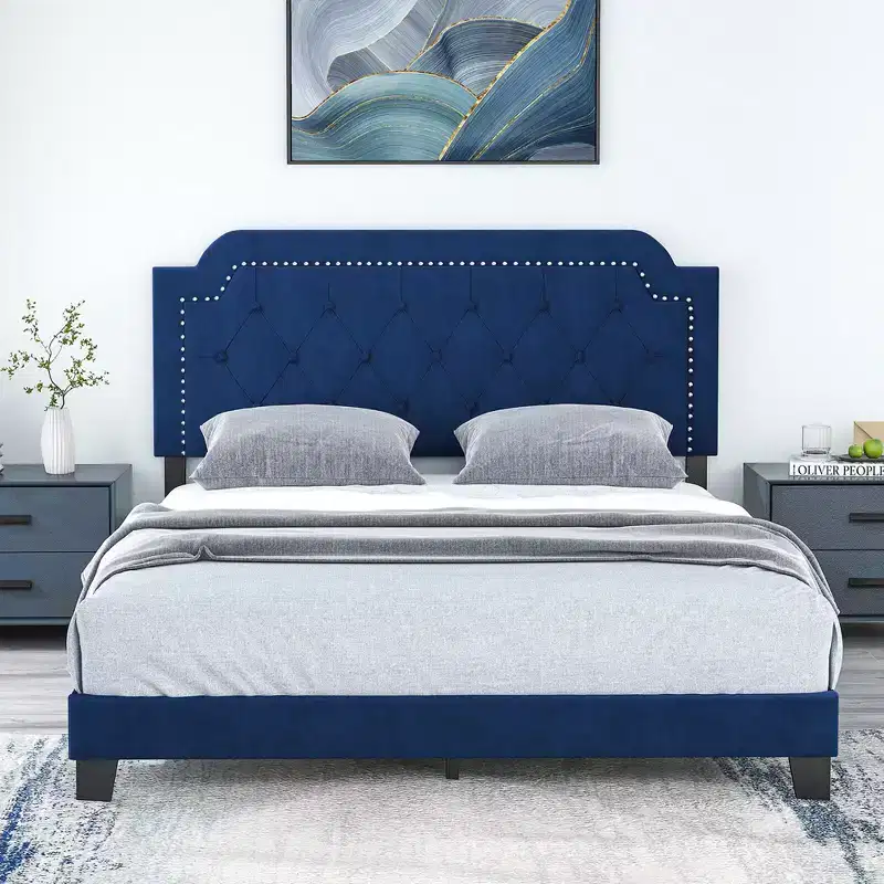 Velvet Upholstered Queen Platform Bed with Tufted Headboard