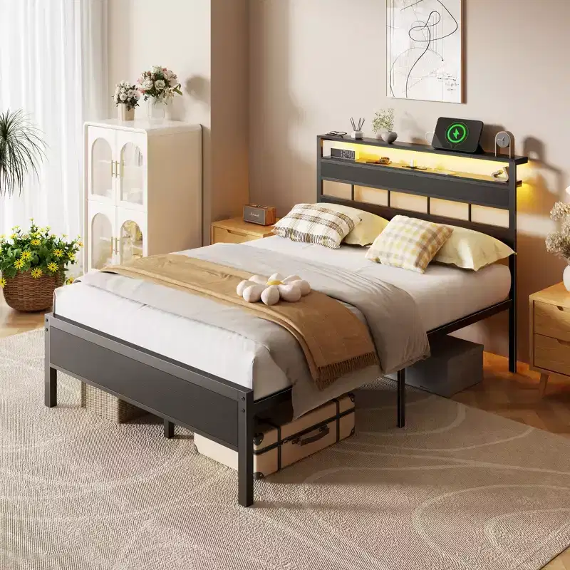 Full Size Metal Platform Bed Frame with LED Lights Charging Station 2 Tier Storage Headboard Shelf Industrial Wood No Box Spring Needed USB Teen