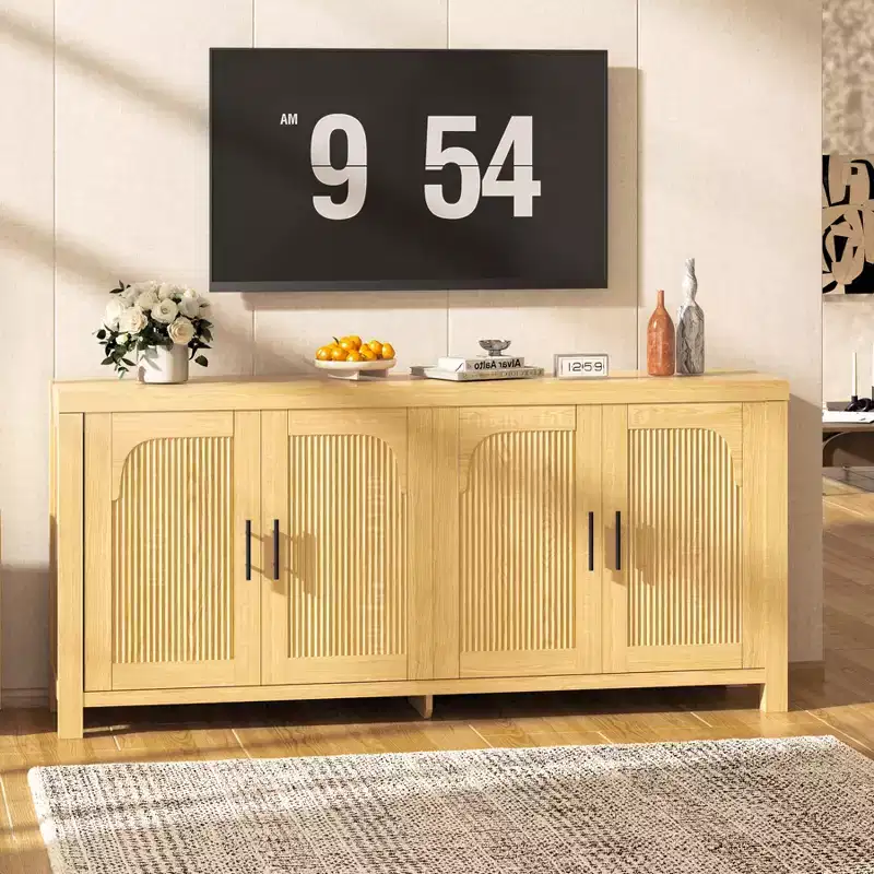 71 Sideboard Buffet Cabinet, Farmhouse Entryway Coffee Bar Cabinet with 4 Doors, Wooden Media Console Table, Accent Credenza for Living Room Kitchen