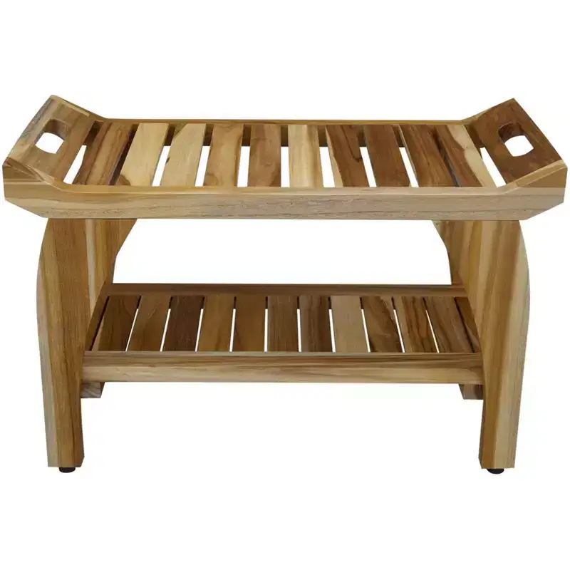 29-Inch Teak Shower & Outdoor Bench with Cut-Out Handles & Bottom Shelf, Natural Finish
