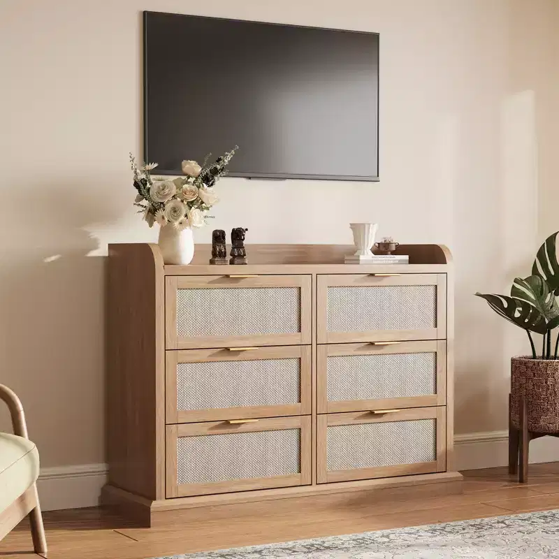 6-Drawer Wicker Storage Cabinet - Farmhouse Style with Raised Edge Countertop, Durable Slim Home Storage Unit