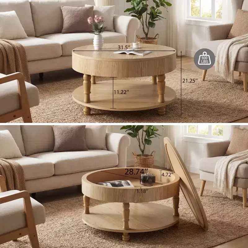 Coffee Table with Dual Storage for Living Room, with Storage and Hidden Compartment, Adjustable Leveling Feet, Natrual Wood