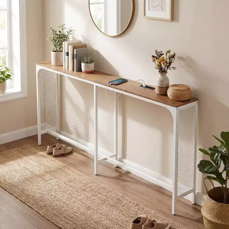 Costway 71'' Console Table w/Power Outlet Metal Frame for Hallway Foyer Living Room Natural & White