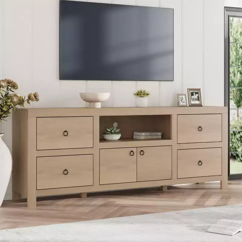 Farmhouse TV Stand for 75-80 Inch TVs, Long Entertainment Center with 6 Storage Drawers & Soundbar Shelf, White Media Console for Living Room