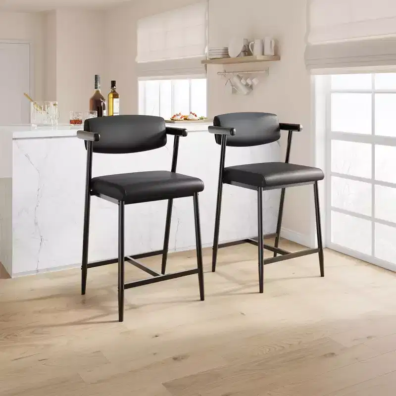 Set of 2 Upholstered Bar Stools with Armrest and Thickened Cushion, Industrial Style for Dining Room and Kitchen