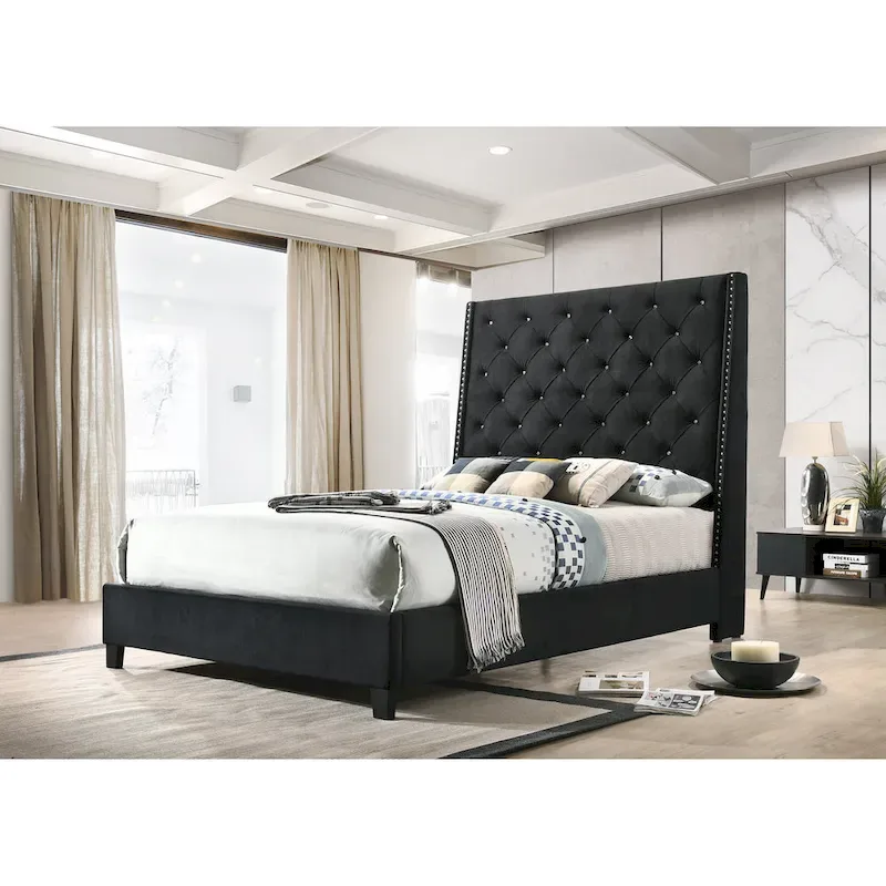 Black Velvet Upholstered Tufted Platform Bed | Glam Bedroom Furniture