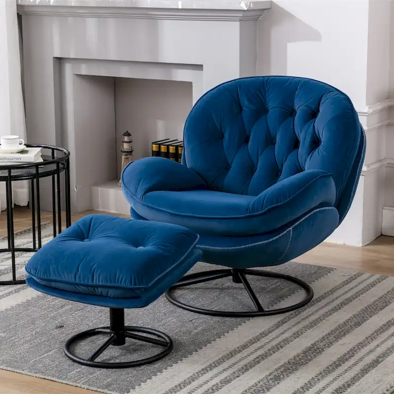 Blue Velvet Swivel Accent Chair with Ottoman – 1-Seat, No Armrest, Black Metal Legs
