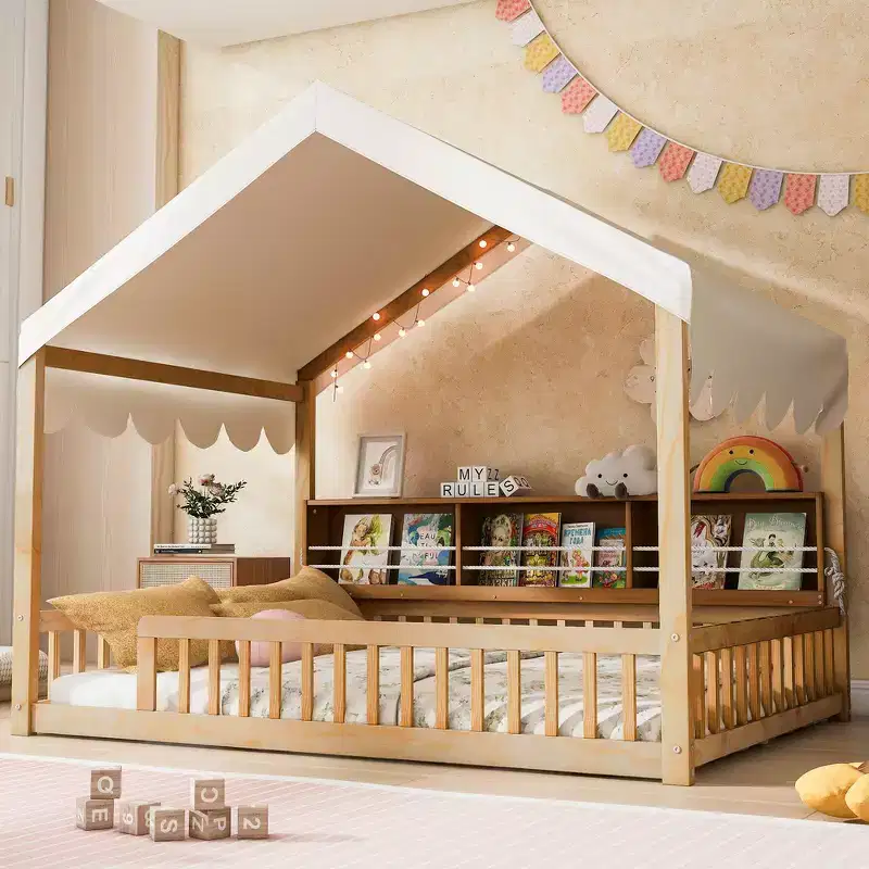 Full Size Wooden Floor Bed Frame, House-Shaped Daybed with Fense, 3 Storage Bookshelves, Curtain