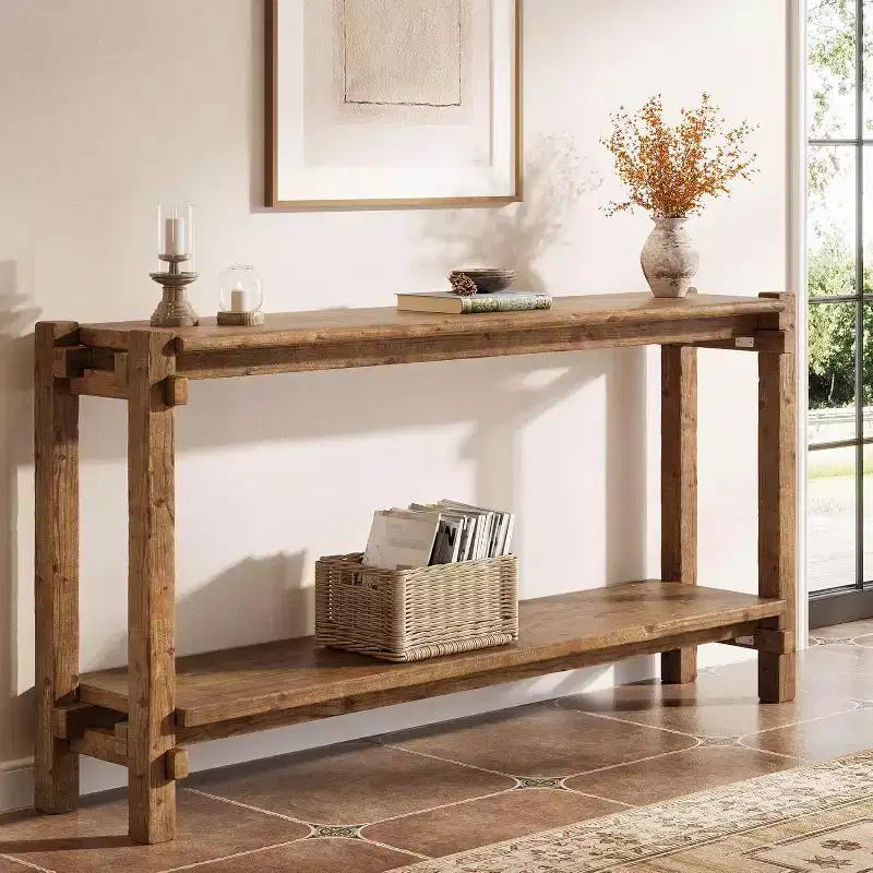 63-Inch Solid Wood Console Table, 2-Tier Farmhouse Entryway Table for Living Room, Entrance, Behind Sofa
