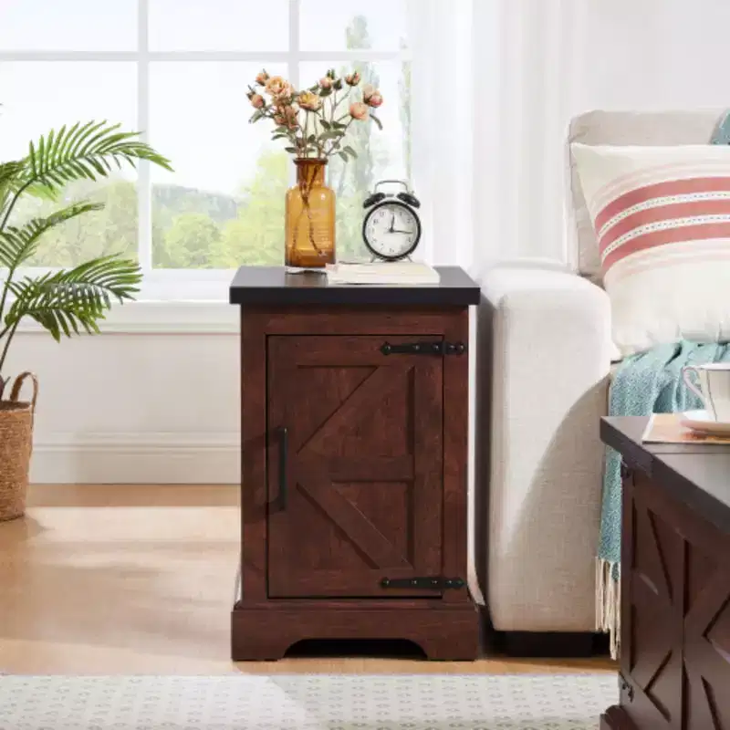 Farmhouse end table Nightstand Rectangular Farmhouse End Table with Barn Door and Adjustable Storage Shelf