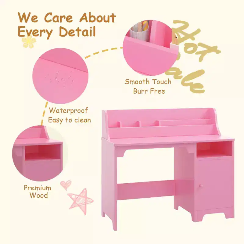 Kids Desk and Chair Set, Wooden Children Study Table with Storage Cabinet & Hutch, Student Writing Table for 3-12 Years Girls Boys Bedroom Nursery
