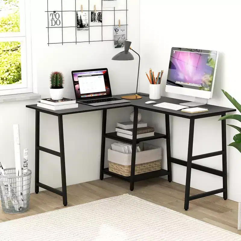 L Shaped Corner Computer Desk Study Table w/Storage Shelves Black/Rustic Brown