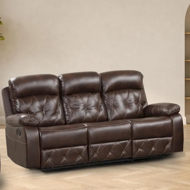 Owen Brown Breathable Leather Reclining Sofa with Diamond Stitching