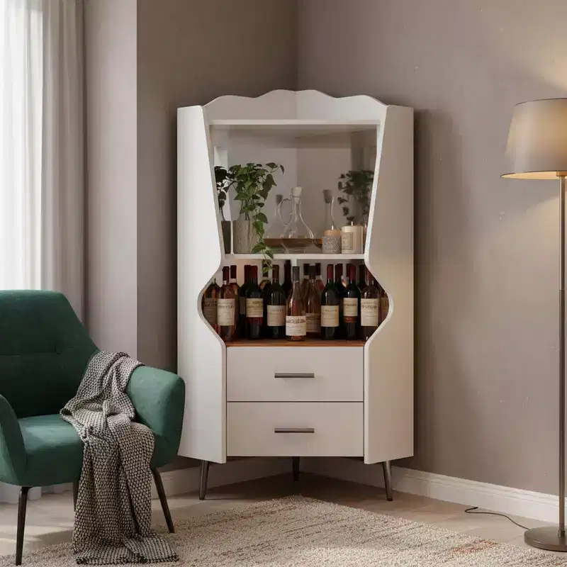 Modern Corner Bar Cabinet with Open Shelves and Drawers, White