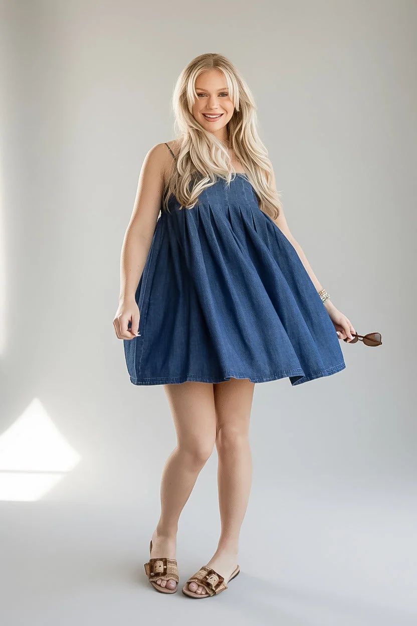 Denim Pleated Square Neck Mini Dress