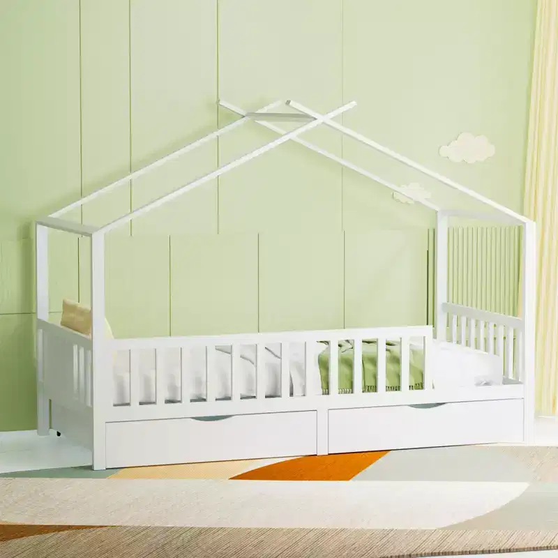 Modern Wooden Kid's Full House Bed Frame with 2 Storage Drawers