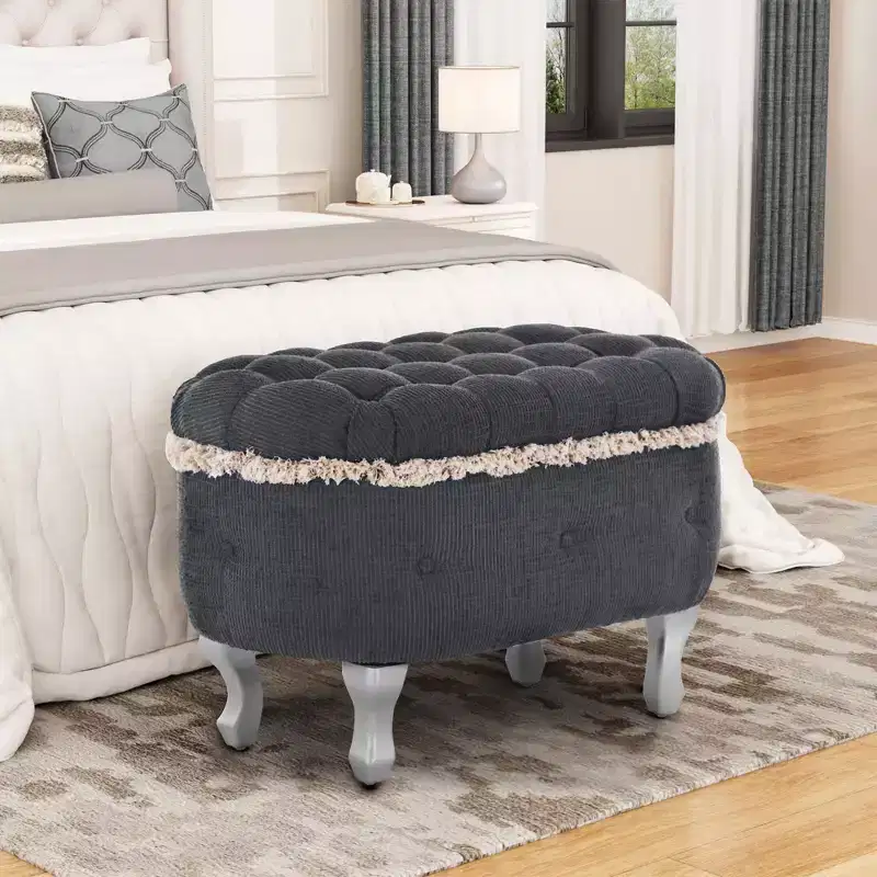 29.5 Upholstered Storage Bench,Fabric Footboard Bench with Button Tufted and Fringe,Lift Top,End of Bed Bench for Bedroom,Living Room