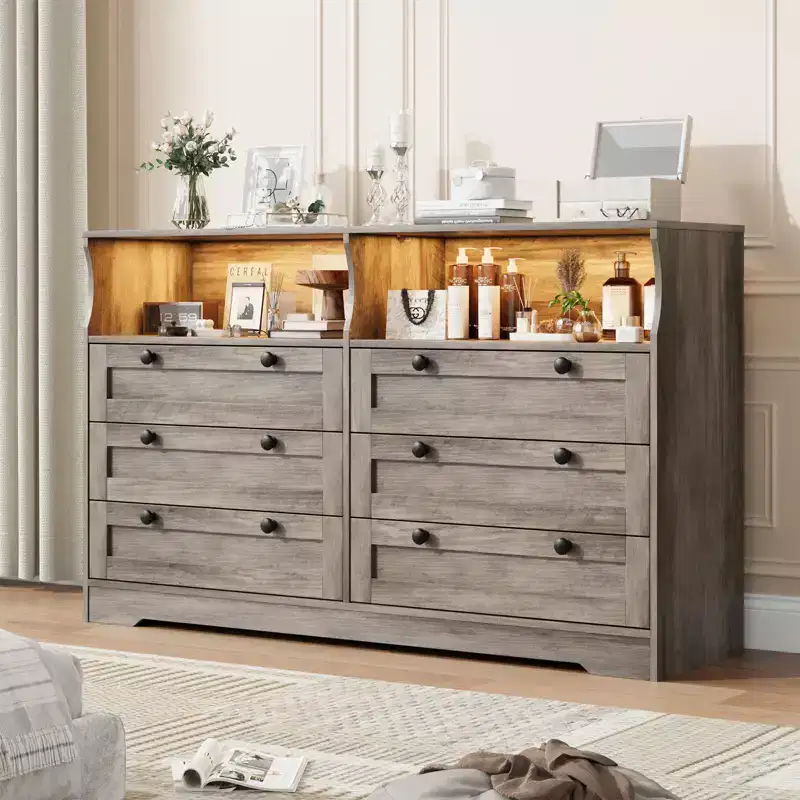 55 Inch Wooden 6 Drawer Dresser for Bedroom with Led Light, and Large Capacity Storage, Wide Storage Dressers Organizer for Closet and Living Room