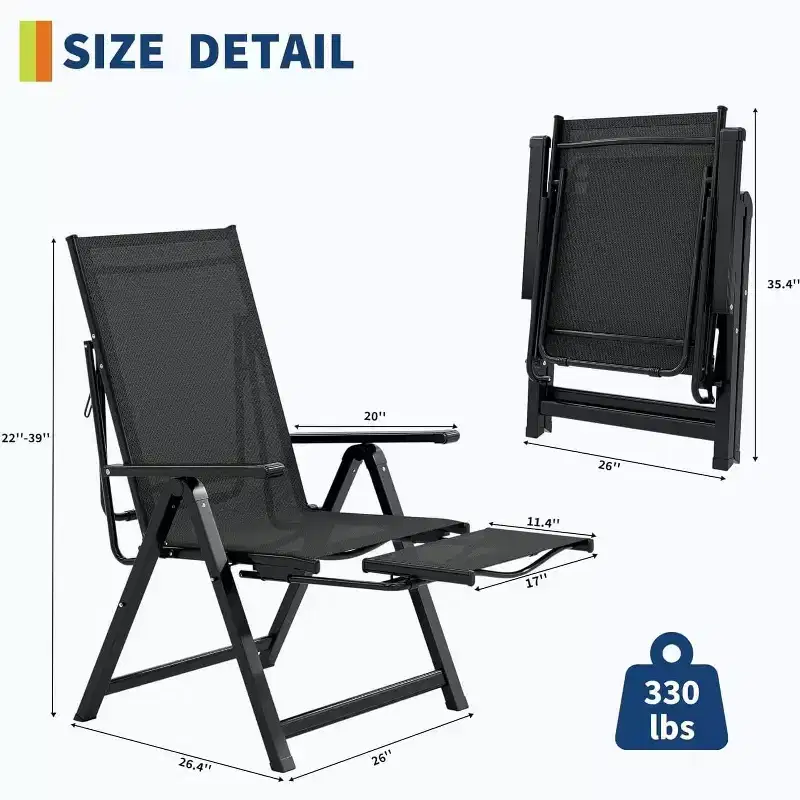 Acekool Patio Folding Chairs Set of 2, Outdoor Reclining Chairs with Armrests and Footrest, Portable Lounge for Garden, Backyard, Poolside, Balcony