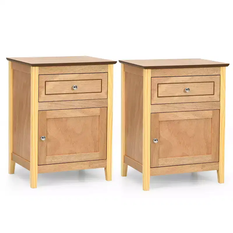 Costway 2PCS Nightstand with Drawer Accent Side End Table Storage Cabinet White\Natural