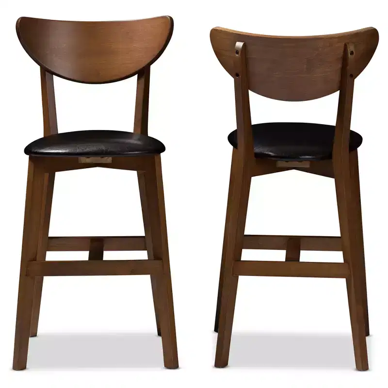 Set of 2 Baxton Studio Eline Mid Century Modern Walnut Finished Wood Faux Leather Upholstered Counter Height Barstools Black: Oval Back, Spot Clean