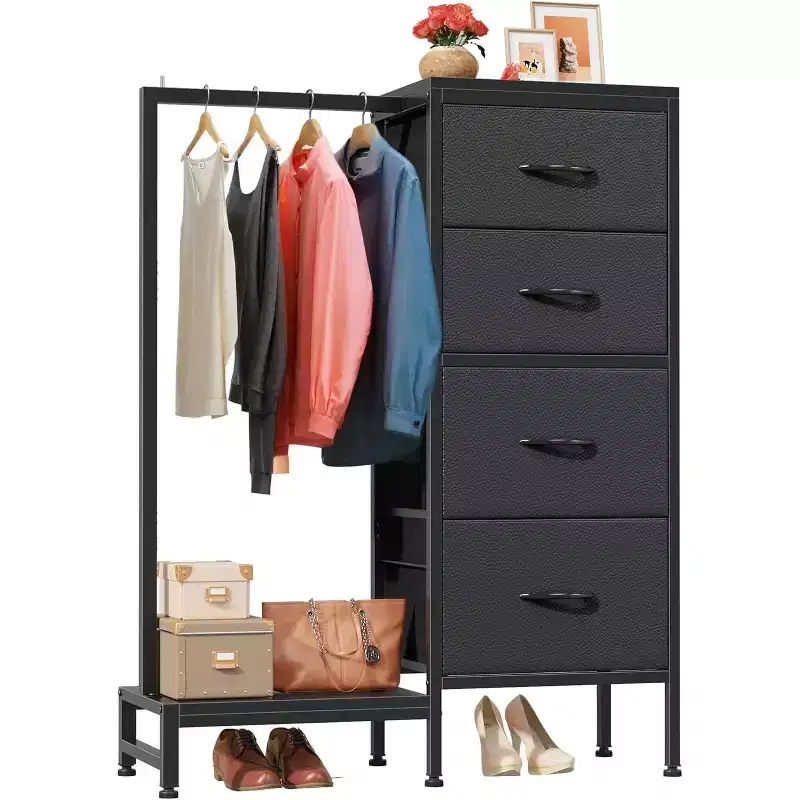 Dresser with Hanging Rack, 4 Drawers Small Closet for Bedroom, Reversible Fabric Kids Chest of Drawers with Clothes Rack, Tall Storage Tower, 44''H