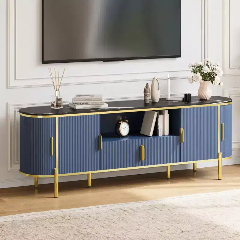 Blue / Oak Fluted TV Stand with Sliding Doors & Adjustable Shelves, Fits TVs up to 80