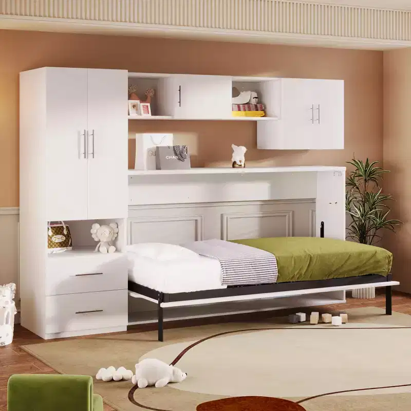 Twin Size Murphy Bed Wall Bed Frame, Wood Cabinet Bed with Built-in Wardrobe, Storage Drawers and Open Shelves, White -ModernLuxe
